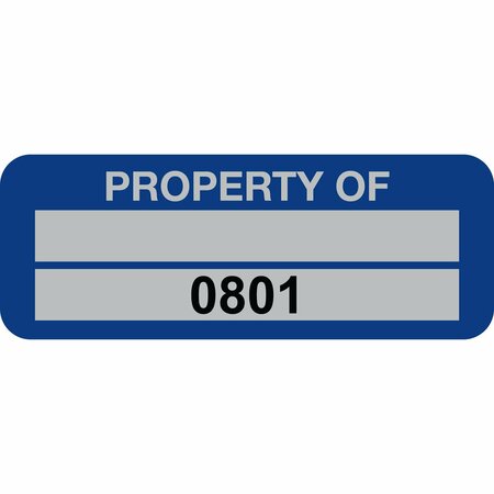 LUSTRE-CAL Property ID Label PROPERTY OF 5 Alum Blue 2in x 0.75in 1 Blank Pad&Serialized 0801-0900, 100PK 253740Ma2Bd0801